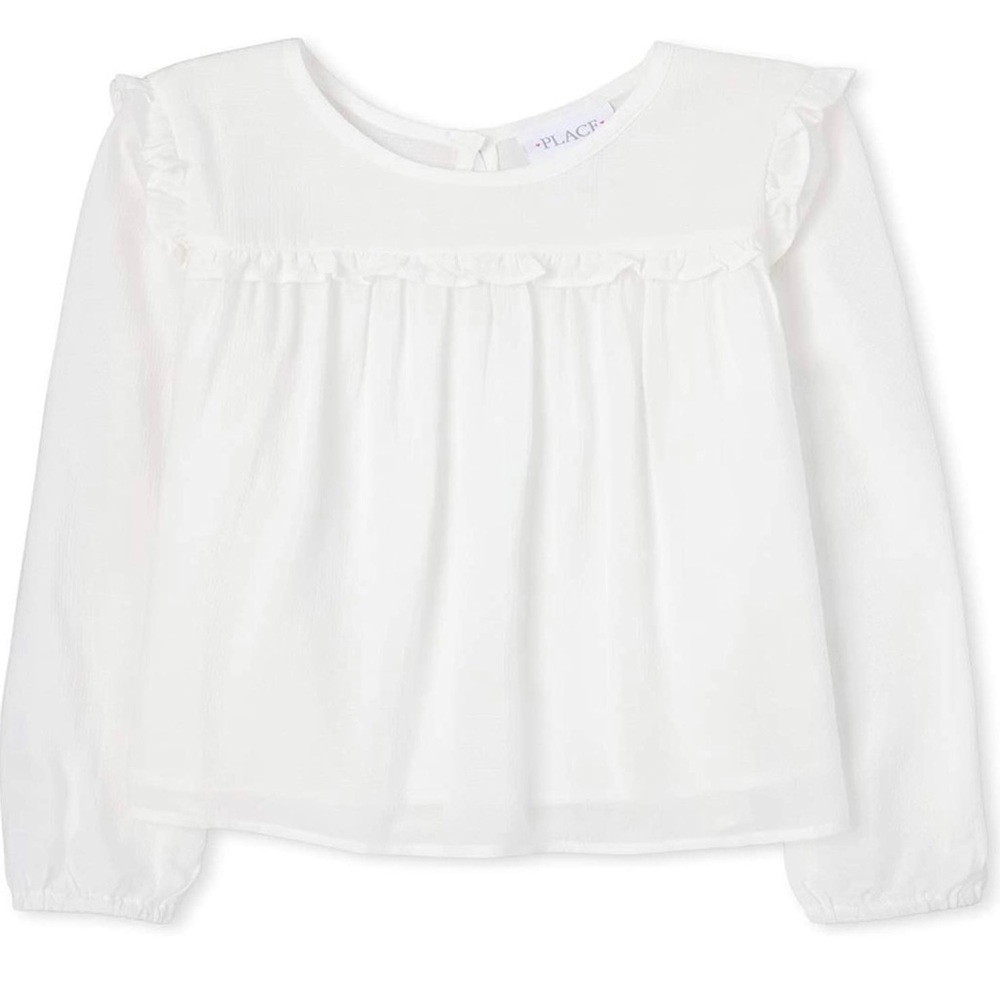 The Childrens Place White Dobby Long Sleeve Ruffle Blouse 16 XXL NWT Semi Sheer